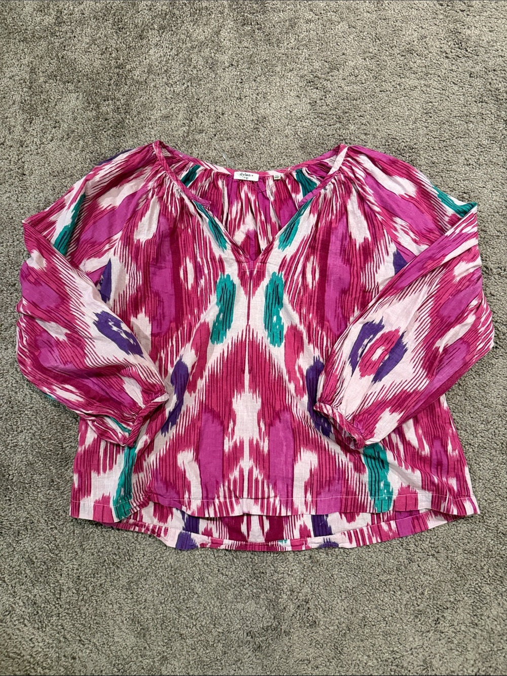 dylan Fuchsia Ikat Peasant Blouse with Teal and Purple Accents